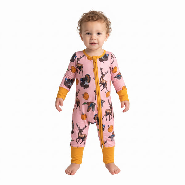 RTS LR3252 baby girl clothes thanksgiving deer turkey pumpkin print long sleeve romper