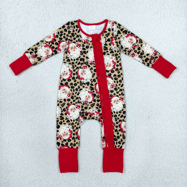 RTS LR3302 baby clothes christmas red leopard santa claus long sleeve romper zip romper