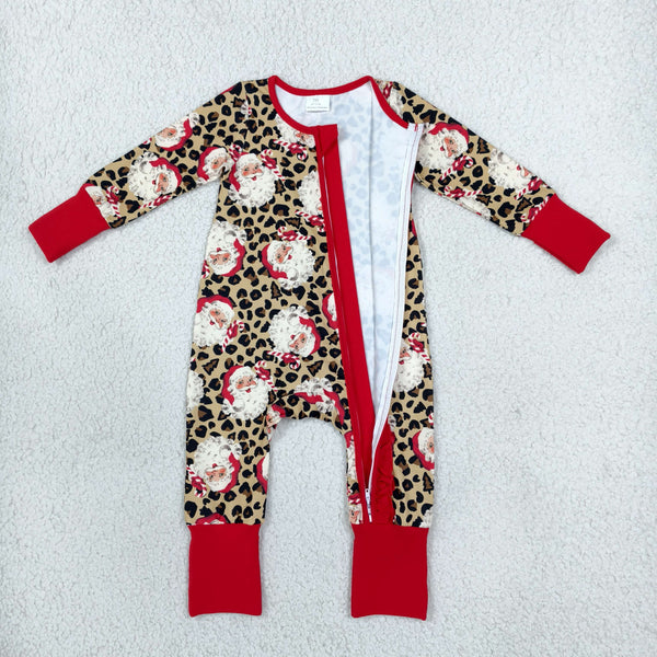 RTS LR3302 baby clothes christmas red leopard santa claus long sleeve romper zip romper