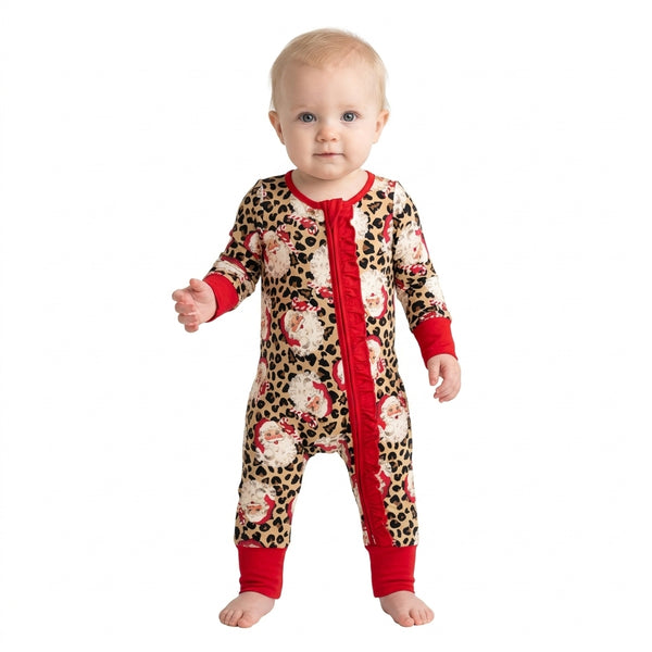 RTS LR3302 baby clothes christmas red leopard santa claus long sleeve romper zip romper