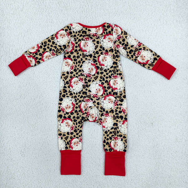 RTS LR3302 baby clothes christmas red leopard santa claus long sleeve romper zip romper