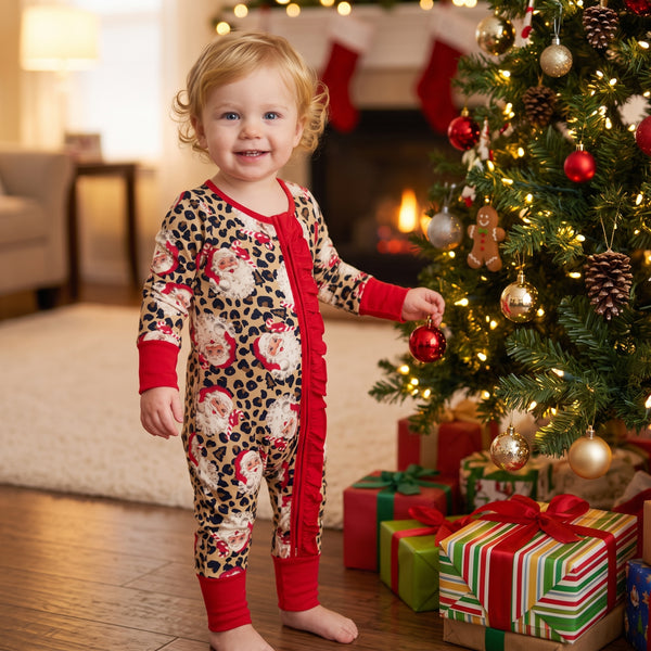 RTS LR3302 baby clothes christmas red leopard santa claus long sleeve romper zip romper