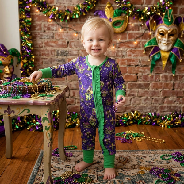 RTS LR3334 baby romper Mardi Gras mask print zipper long sleeve romper