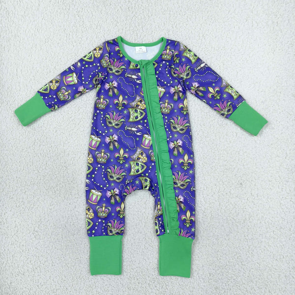 RTS LR3334 baby romper Mardi Gras mask print zipper long sleeve romper