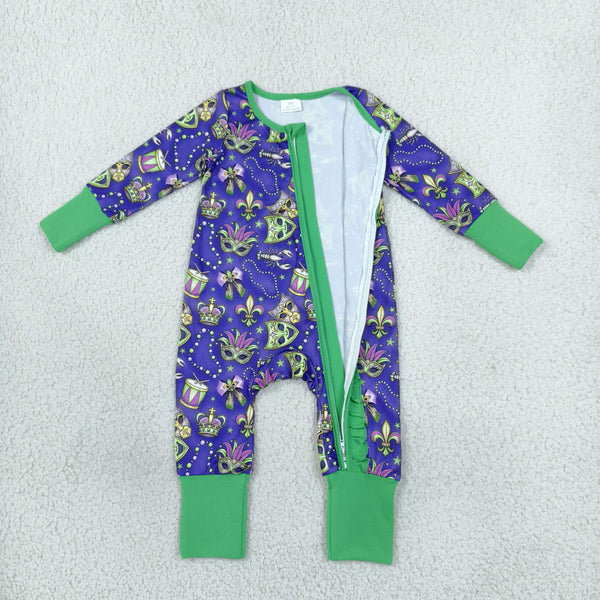 RTS LR3334 baby romper Mardi Gras mask print zipper long sleeve romper