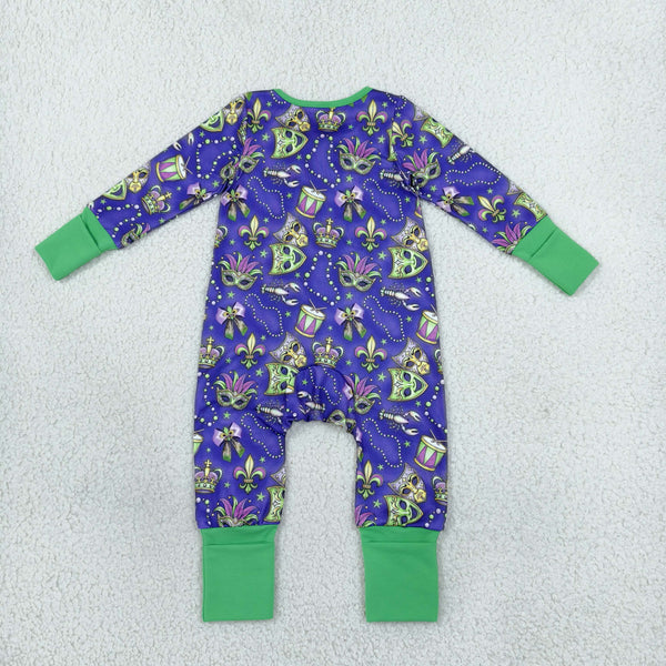 RTS LR3334 baby romper Mardi Gras mask print zipper long sleeve romper