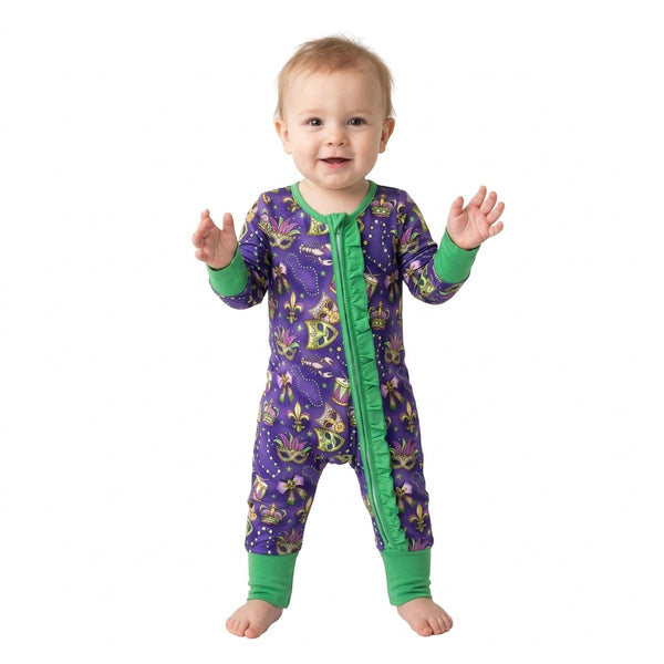 RTS LR3334 baby romper Mardi Gras mask print zipper long sleeve romper