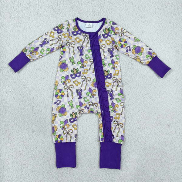 RTS LR3335 baby romper Mardi Gras crawfish mask print long sleeve romper