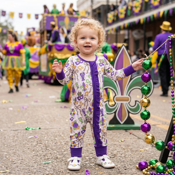RTS LR3335 baby romper Mardi Gras crawfish mask print long sleeve romper