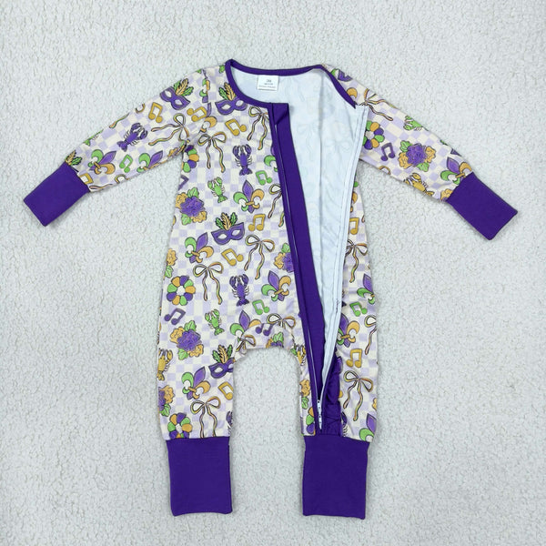 RTS LR3335 baby romper Mardi Gras crawfish mask print long sleeve romper