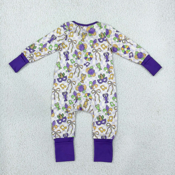 RTS LR3335 baby romper Mardi Gras crawfish mask print long sleeve romper