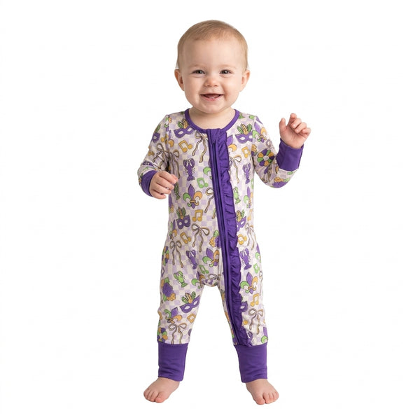 RTS LR3335 baby romper Mardi Gras crawfish mask print long sleeve romper