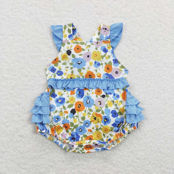 SR0824 USA warehouse 25.5.15 girl clothes blue floral girl flower blue romper toddler summer bubble