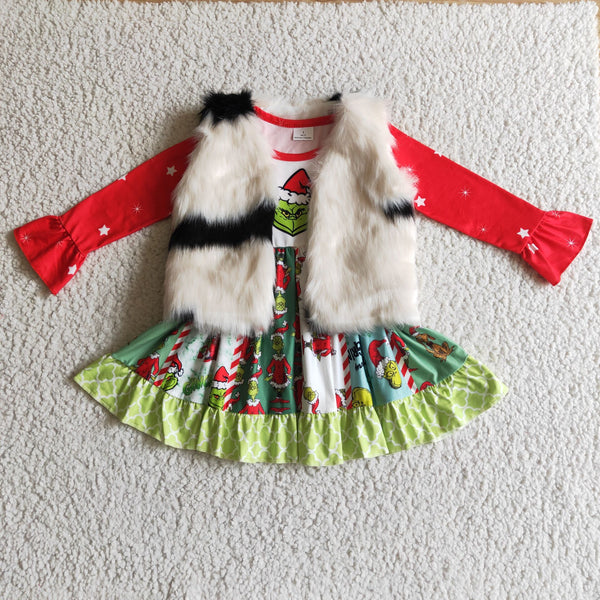 white fur vest red cartoon baby girl clothes christmas dress 1