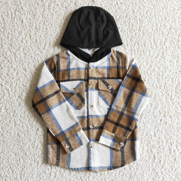 BT0076 baby boy clothes brown plaid hoodies shirt