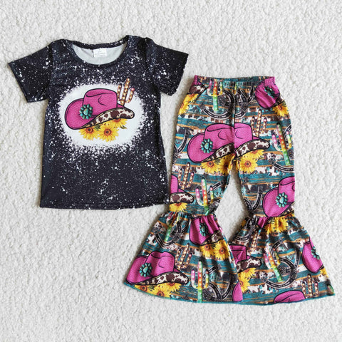 B2-1 girl clothes hat  black sunflower short sleeve set-promotion 2024.5.13 $2.99