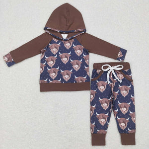 BLP0365 RTS toddler boy clothes highland cow boy winter outfit boy hoodies set