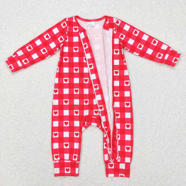 LR0832 baby gril clothes red plaid heart zipper girl valentines day romper
