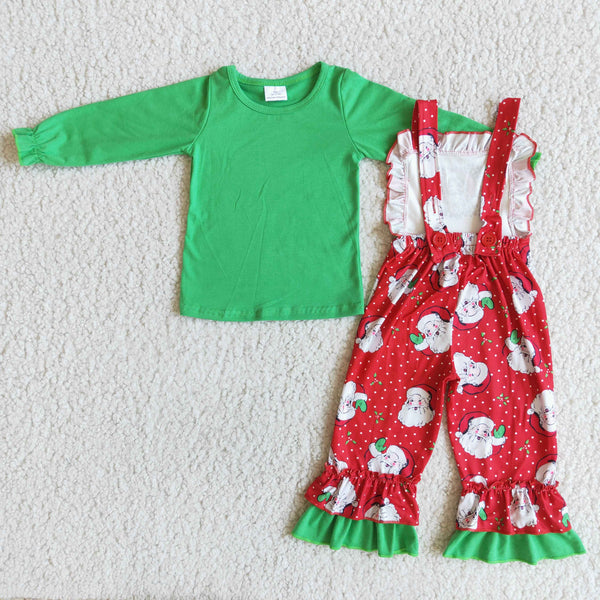 girl green christmas santa claus winter long sleeve set shirt +jumpsuit