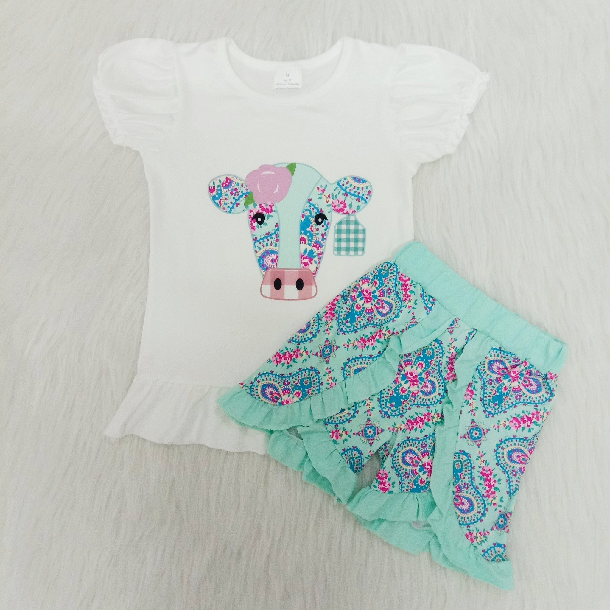 A4-12 girl cow farm short sleeve summer set-promotion 2024.3.9 $5.5