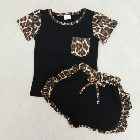 C4-12 girl clothing black leopard pocket short sleeve summer set-promotion 2024.3.30 $5.5