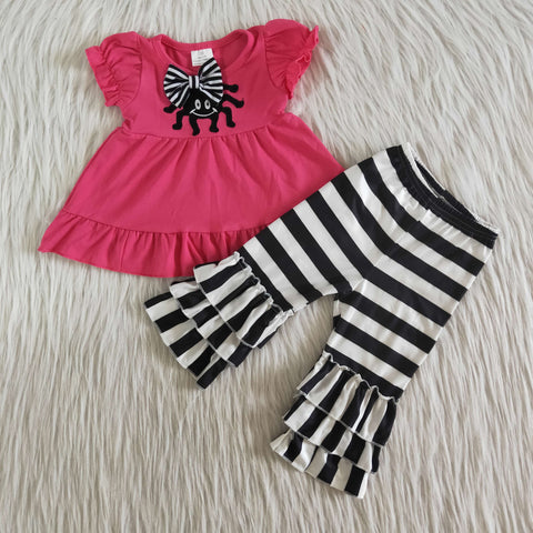 girl hot pink stripe short sleeve emboridery spider fall spring set