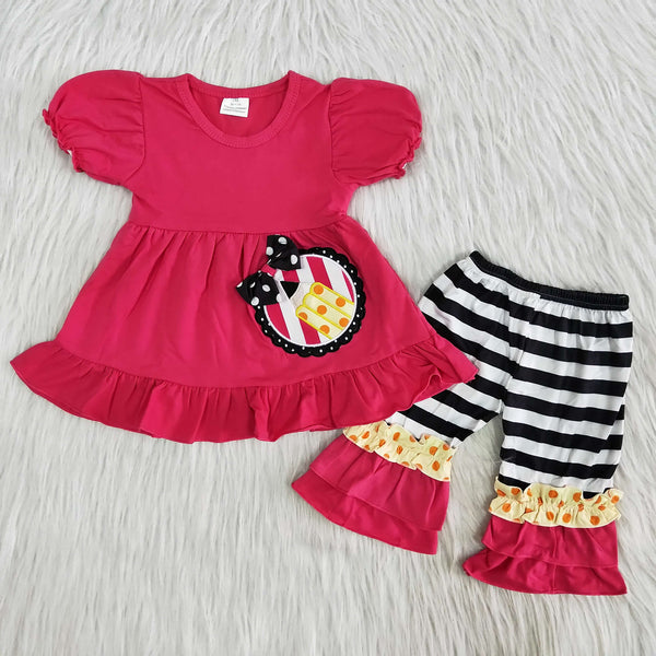 girl hot pink stripe short sleeve emboridery pencil back to school set