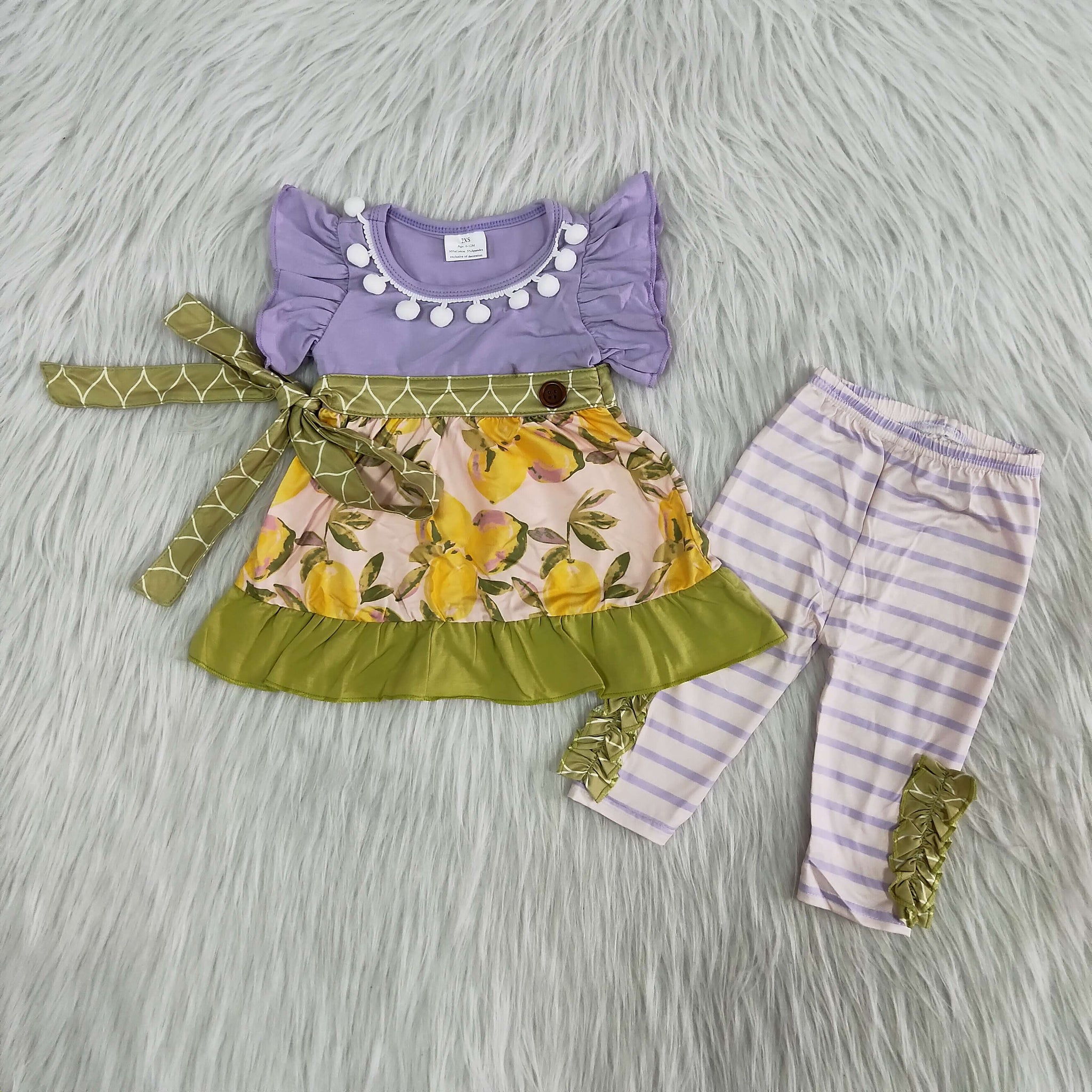 girl lemon stripe green purple capris flutter sleeve spring fall set