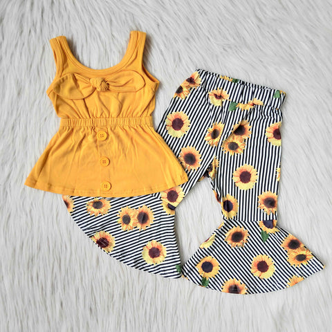 C16-4 girl clothing yellow bow sunflower fall spring set