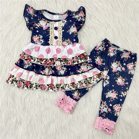 girl ruffles dot flutter sleeve flower fall spring set