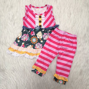 girl pink stripe flower capris sleeveless spring fall set