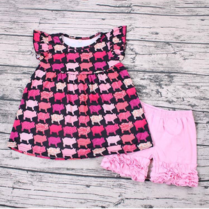 C11-6 girl summer pink pig farm flutter sleeve set-promotion $5.5 2024.4.13