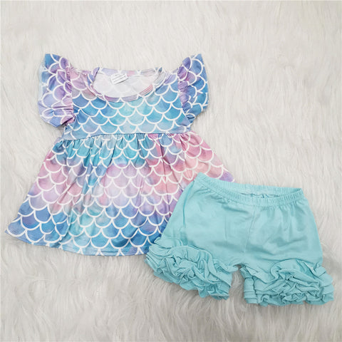 D6-26 baby girl clothesfish scales pink flutter sleeve summer shorts set-promotion $5.5 2024.4.13