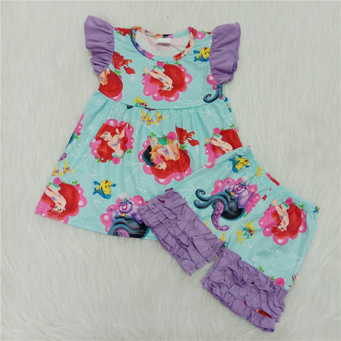 B16-21 girl  summer mermaid purple flutter sleeve set-promotion 2024.3.16 $5.5