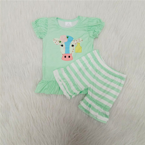 B9-1 girl green cow farm short sleeve sleeve summer set-promotion 2024.3.9 $5.5