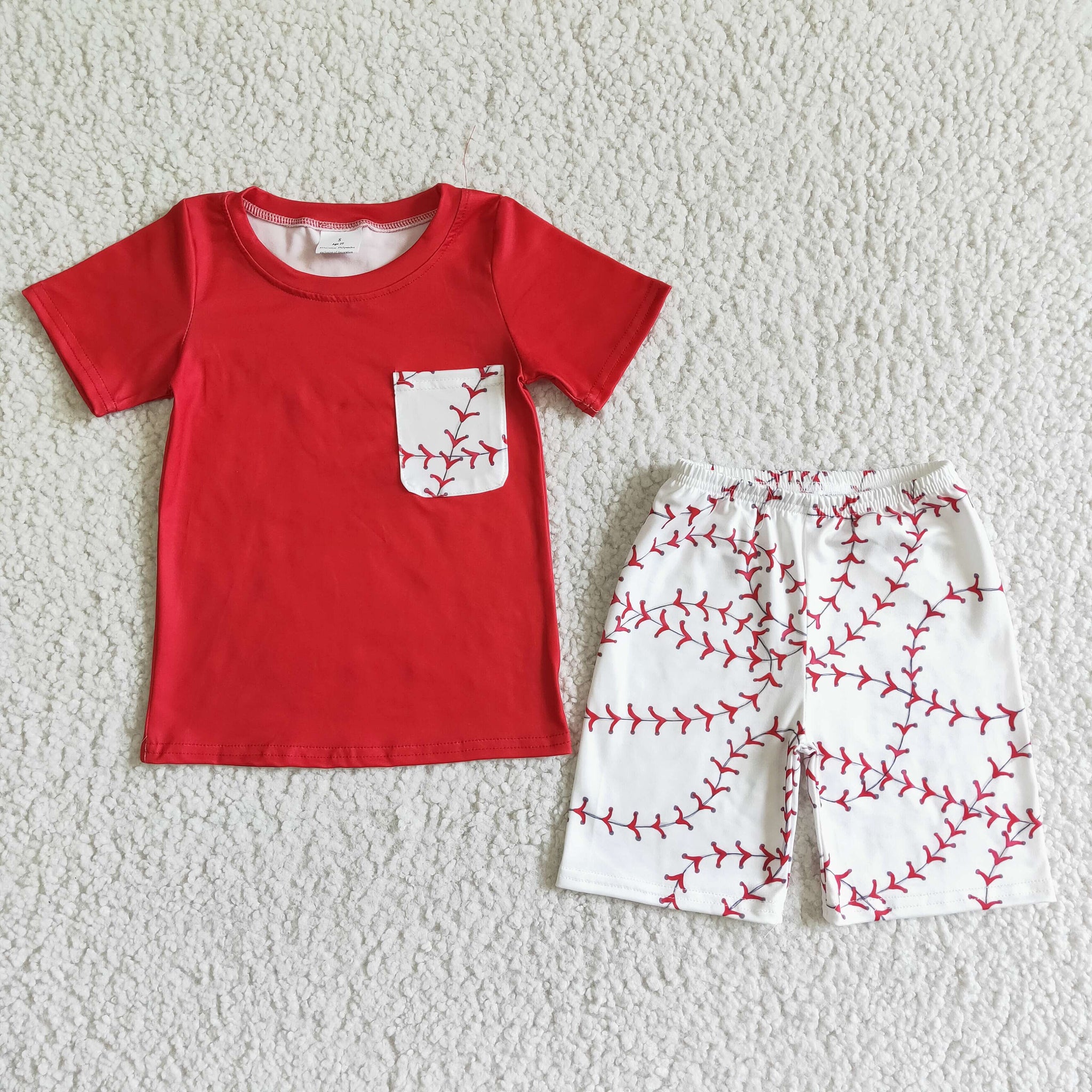 BSSO0022 boy clothes red baseball summer pocket set-promotion 2024.3.30 $5.5