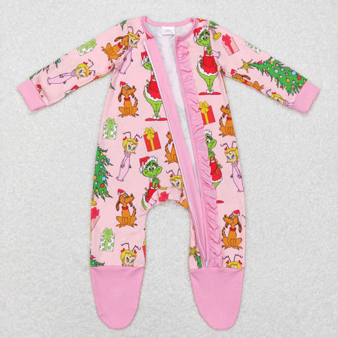 LR0806 RTS baby girl clothes cartoon pink zipper girl christmas romper