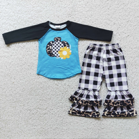 girl pumpkin plaid blue halloween set