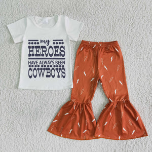 B15-30 kids clothing heroes cowboys orange short sleeve fall spring set-promotion 6.1 $2.99