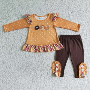 glp0035 girl turkey emboridery thanksgiving outfits long sleeve set