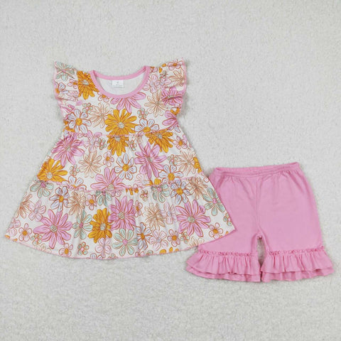 GSSO0616 baby girl clothes purple flower toddler girl summer outfit infant summer shorts set