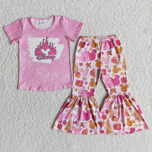 E6-30 girl pink cartoon castle short sleeve fall spring set-promotion 2024.5.3 $2.99