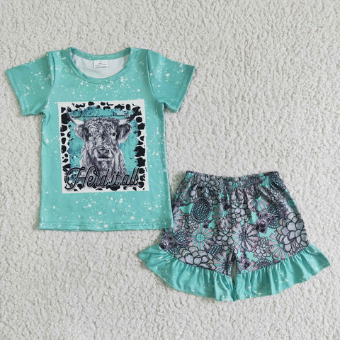 GSSO0066 kids clothing cow green short sleeve summer set-promotion 2024.5.11 $5.5