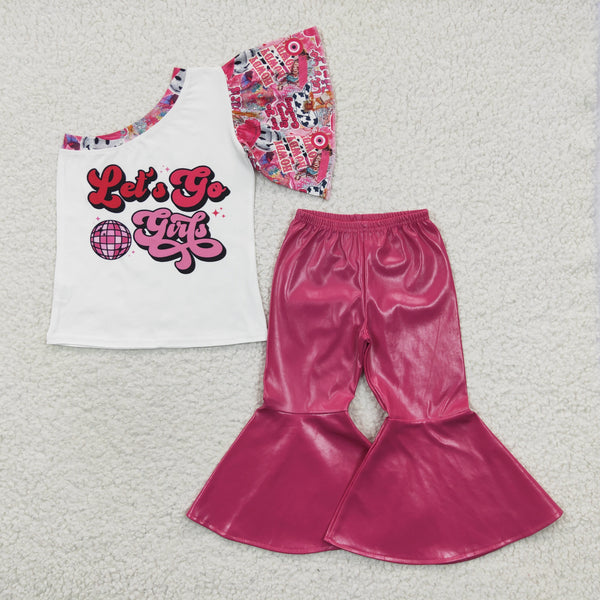 GSPO0595 toddler girl bell bottom outfit let's go girls leather pant outfit