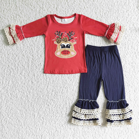 6 A14-27 girl red deer christmas lace long sleeve set