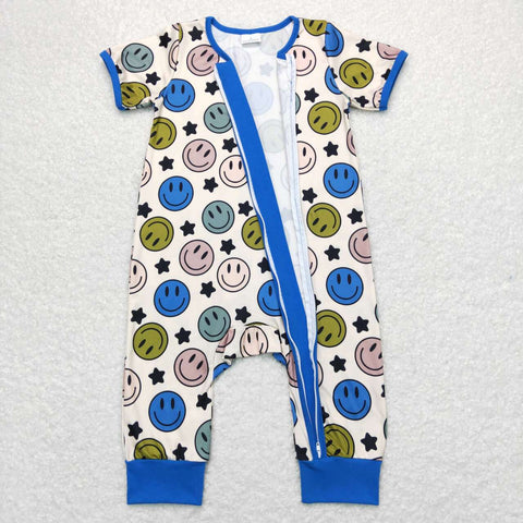 SR0944 baby boy clothes smiley star zipper blue boy summer romper