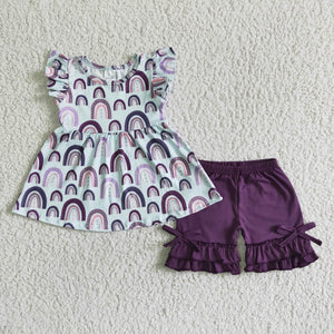 GSSO0009 RTS girl clothes summmer purple rainbow flutter sleeve set-promotion 2024.5.3 $5.5