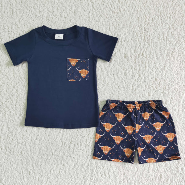 BSSO0035 kids clothing boy navy cow pocket summer set-promotion 2024.5.25 $5.5