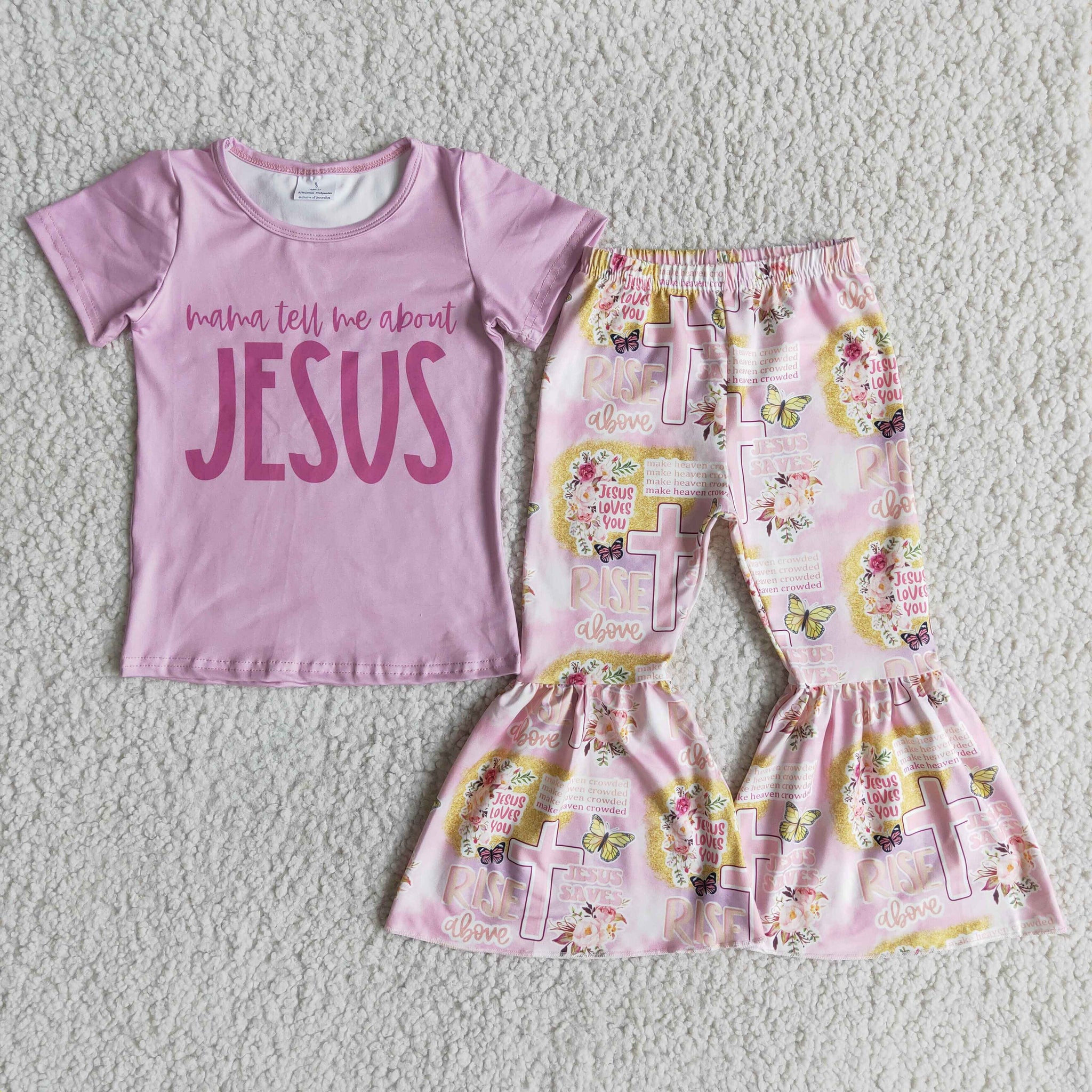 D10-4 girl jesus pink cross short sleeve fall spring set-promotion 2024.2.3