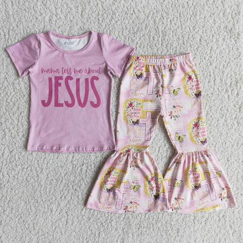 D10-4 girl jesus pink cross short sleeve fall spring set-promotion 2024.2.3